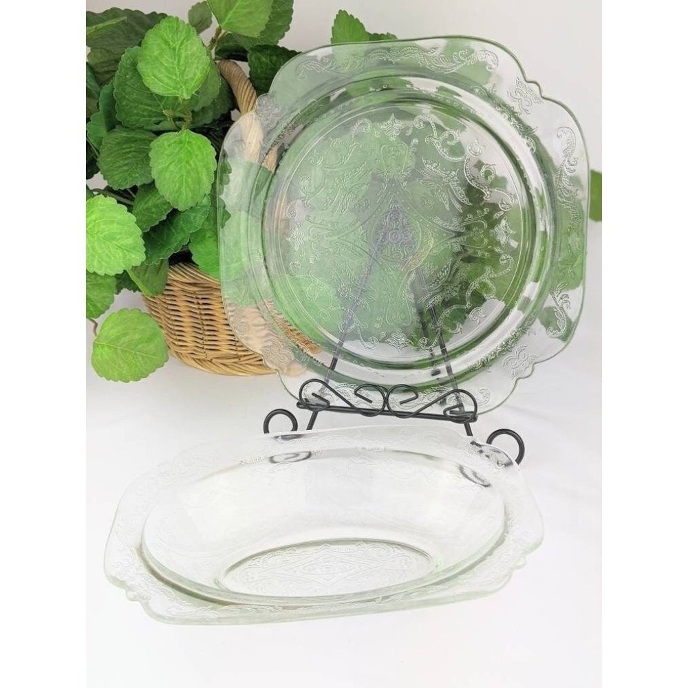 Set of 2 Clear Glass Serving Plate & Bowl Vtg 1970s Indiana Glass Recollection